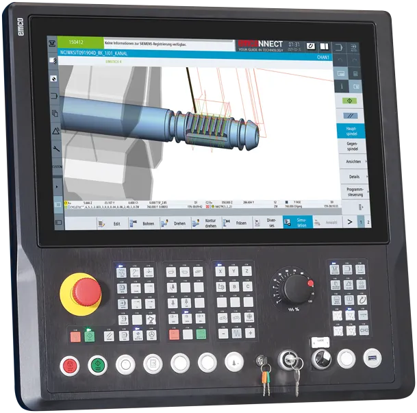 Bedienfeld und Monitor der HYPERTURN 45. In Verbindung mit dem CNC System SINUMERIK ONE.